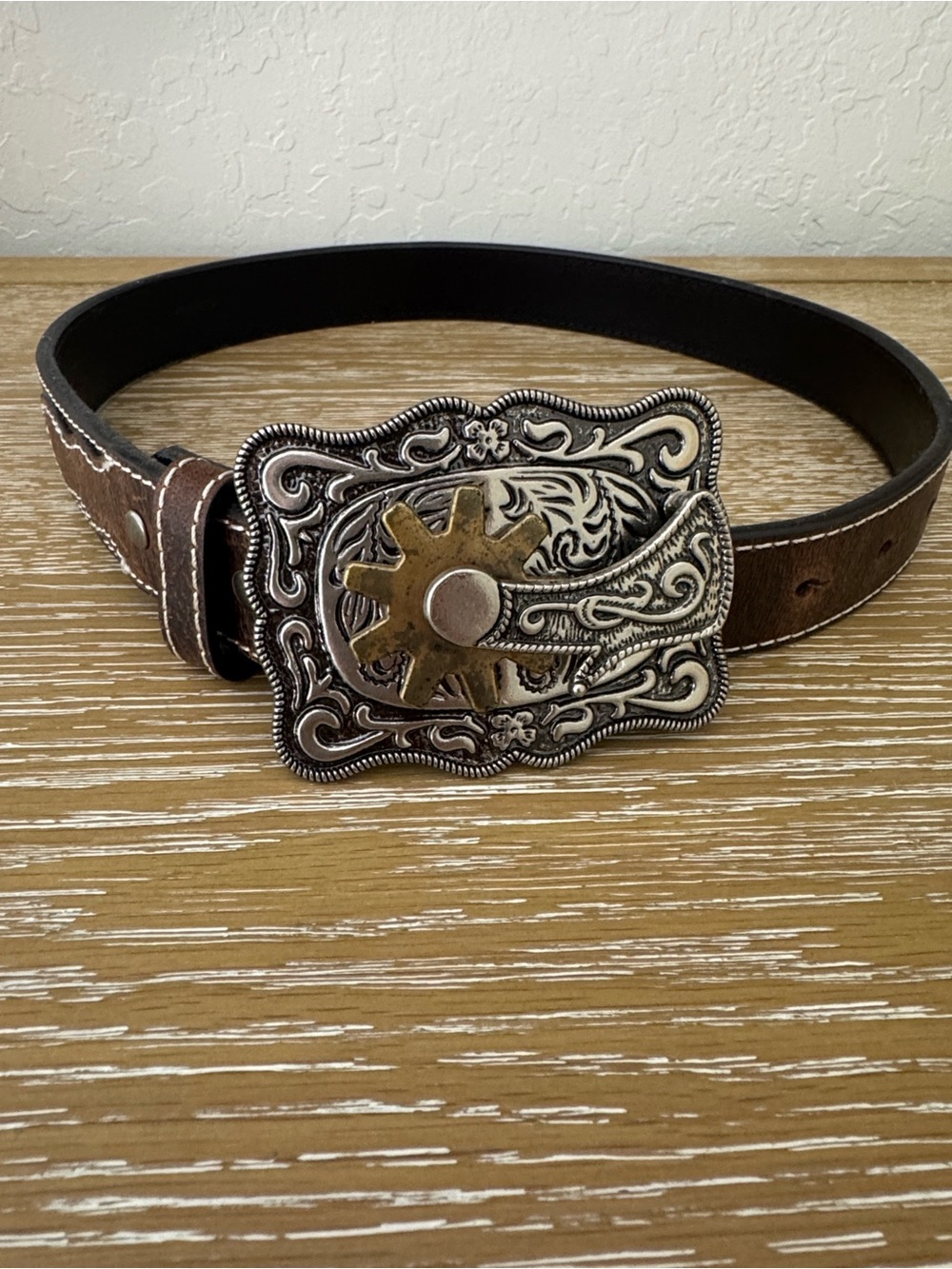 Cody James Brown Leather Women's Belt with Ornate Silver & Gold Buckle